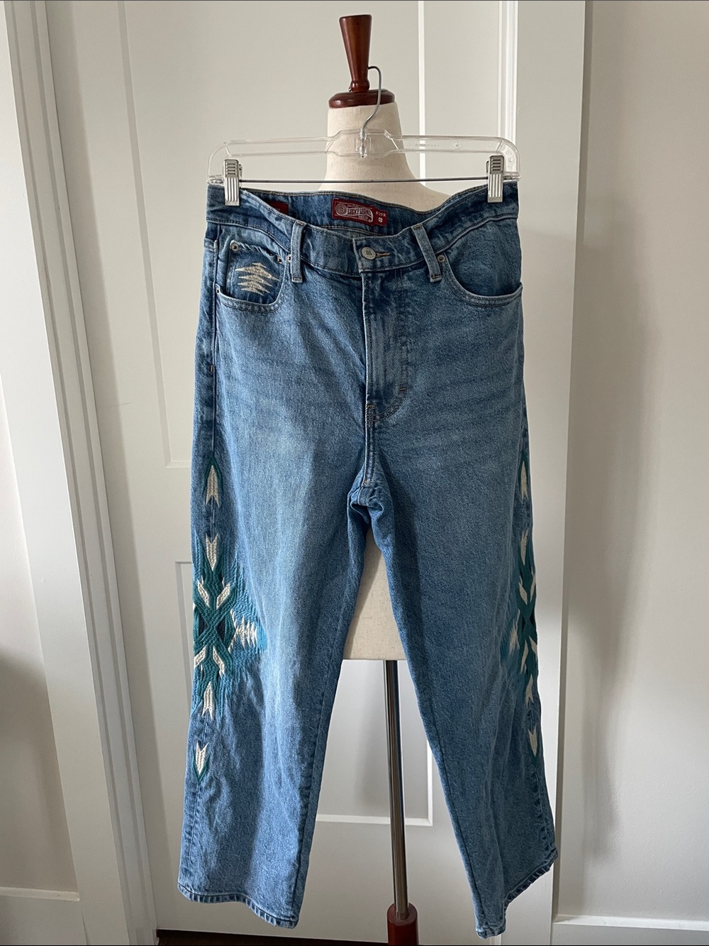 Lucky legend Straight Leg Embroidered Blue Jeans with Teal Side Detail